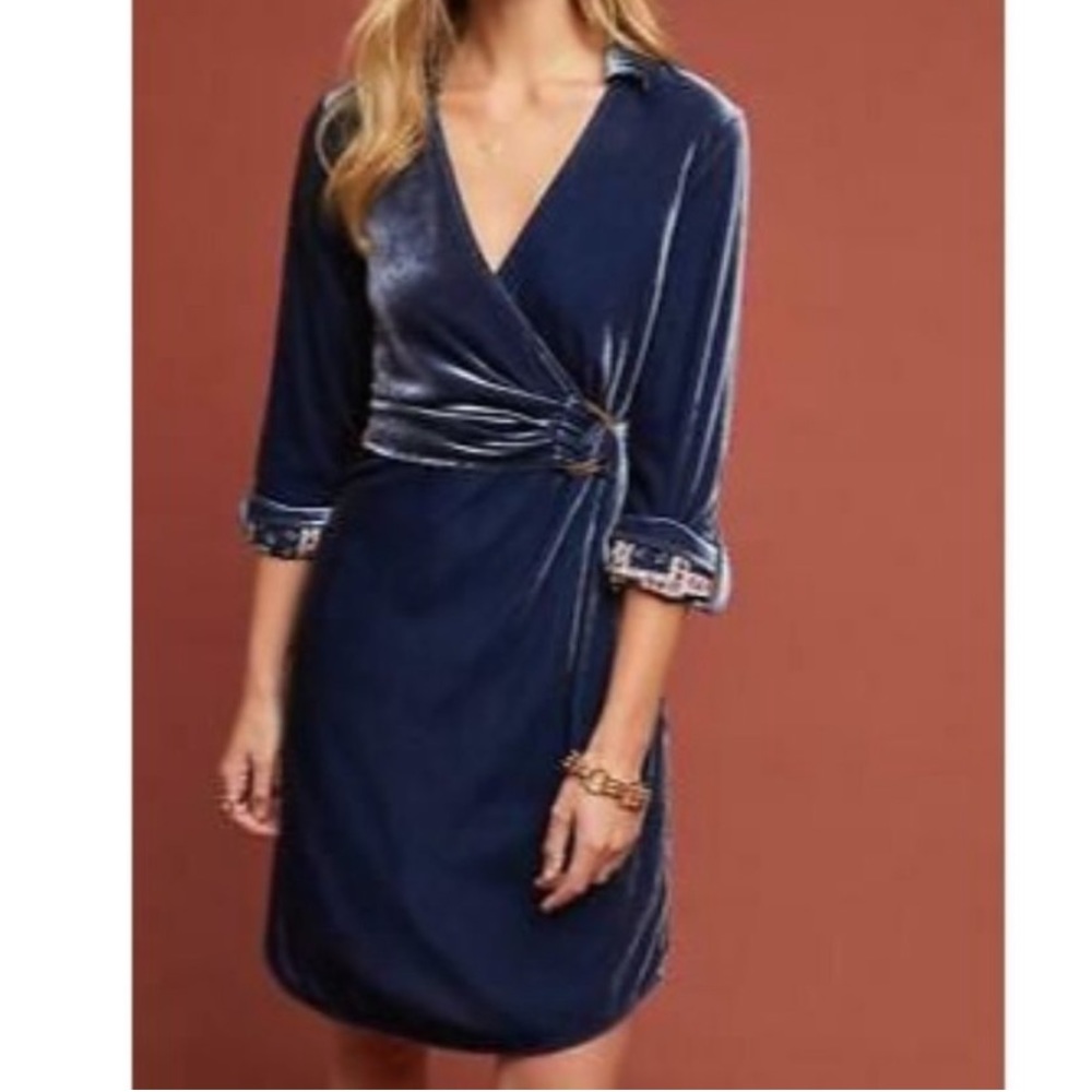 Anthropology Maeve Velvet Wrap Dress Blue